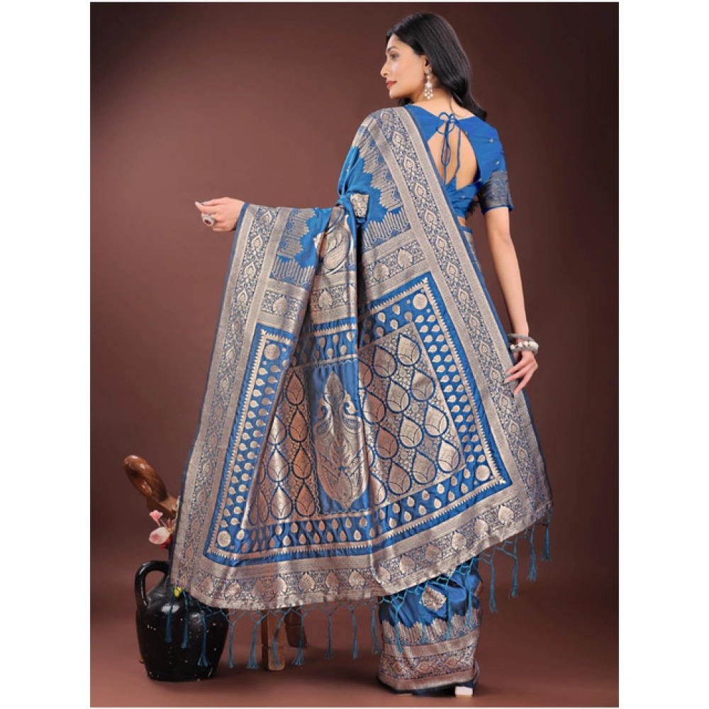 Women's Silk Printed Saree With Unstitched Blouse 5.5Mtr (Sky Blue) - Image 2