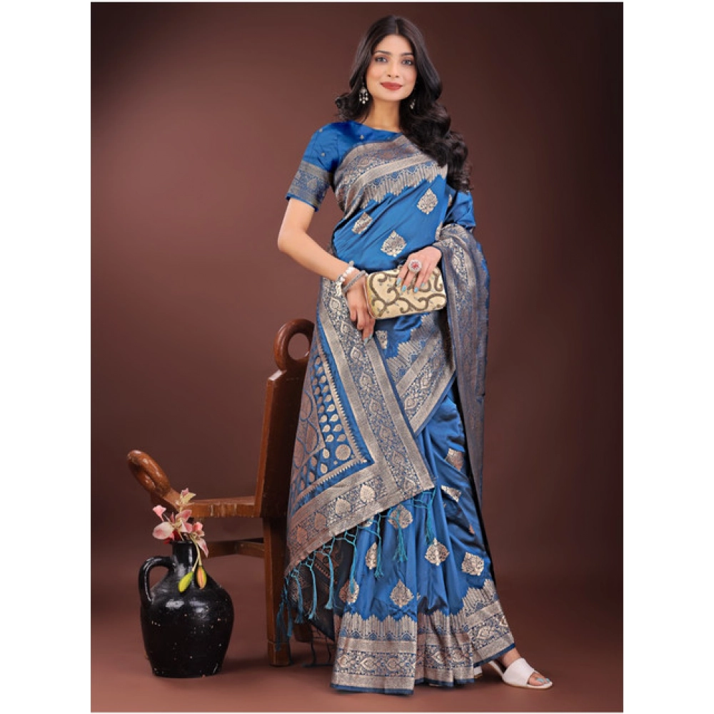 Women's Silk Printed Saree With Unstitched Blouse 5.5Mtr (Sky Blue) - Image 3