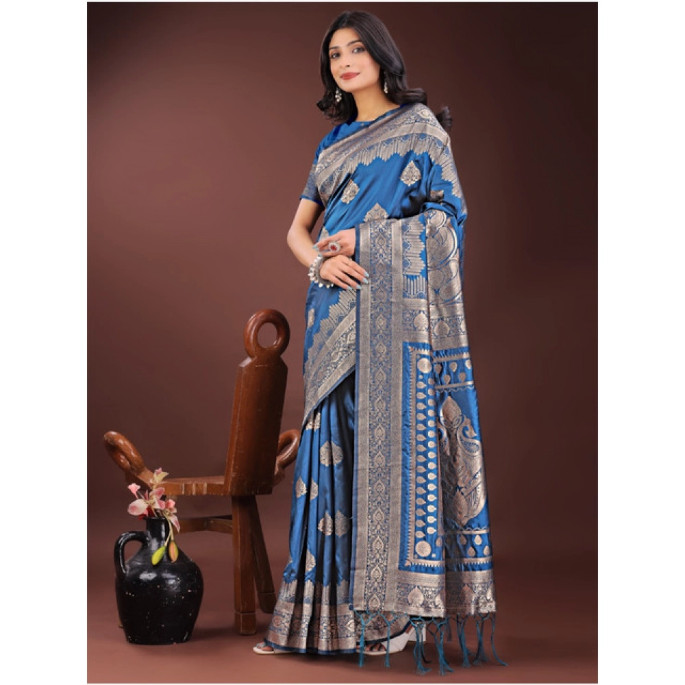 Women's Silk Printed Saree With Unstitched Blouse 5.5Mtr (Sky Blue) - Image 4