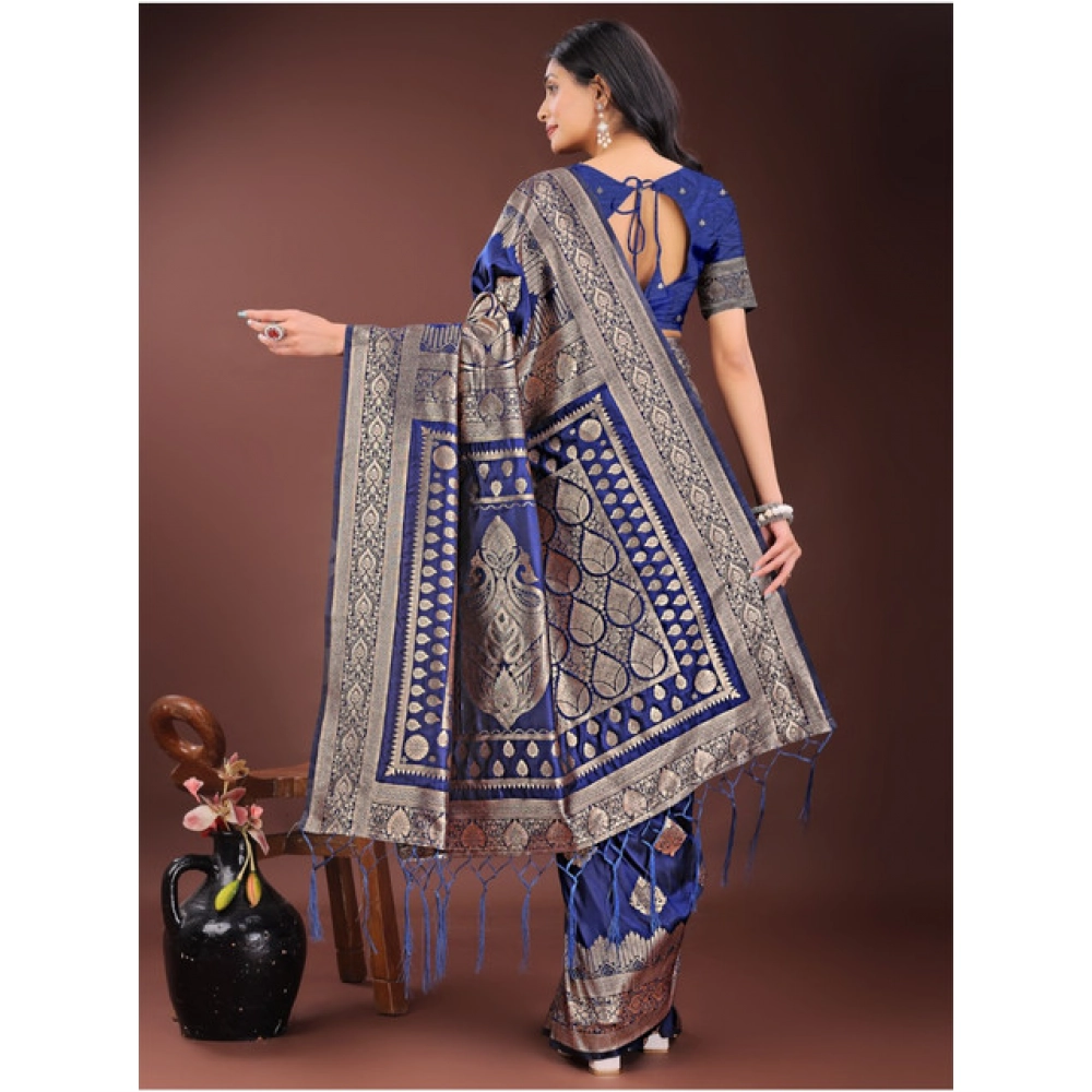 Women's Silk Printed Saree With Unstitched Blouse 5.5Mtr (Navy Blue) - Image 2
