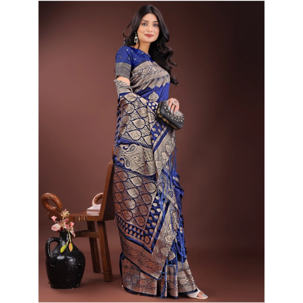 Women's Silk Printed Saree With Unstitched Blouse 5.5Mtr (Navy Blue) - Image 3