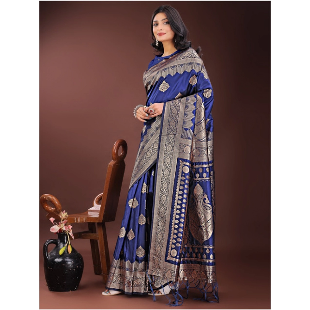 Women's Silk Printed Saree With Unstitched Blouse 5.5Mtr (Navy Blue) - Image 4