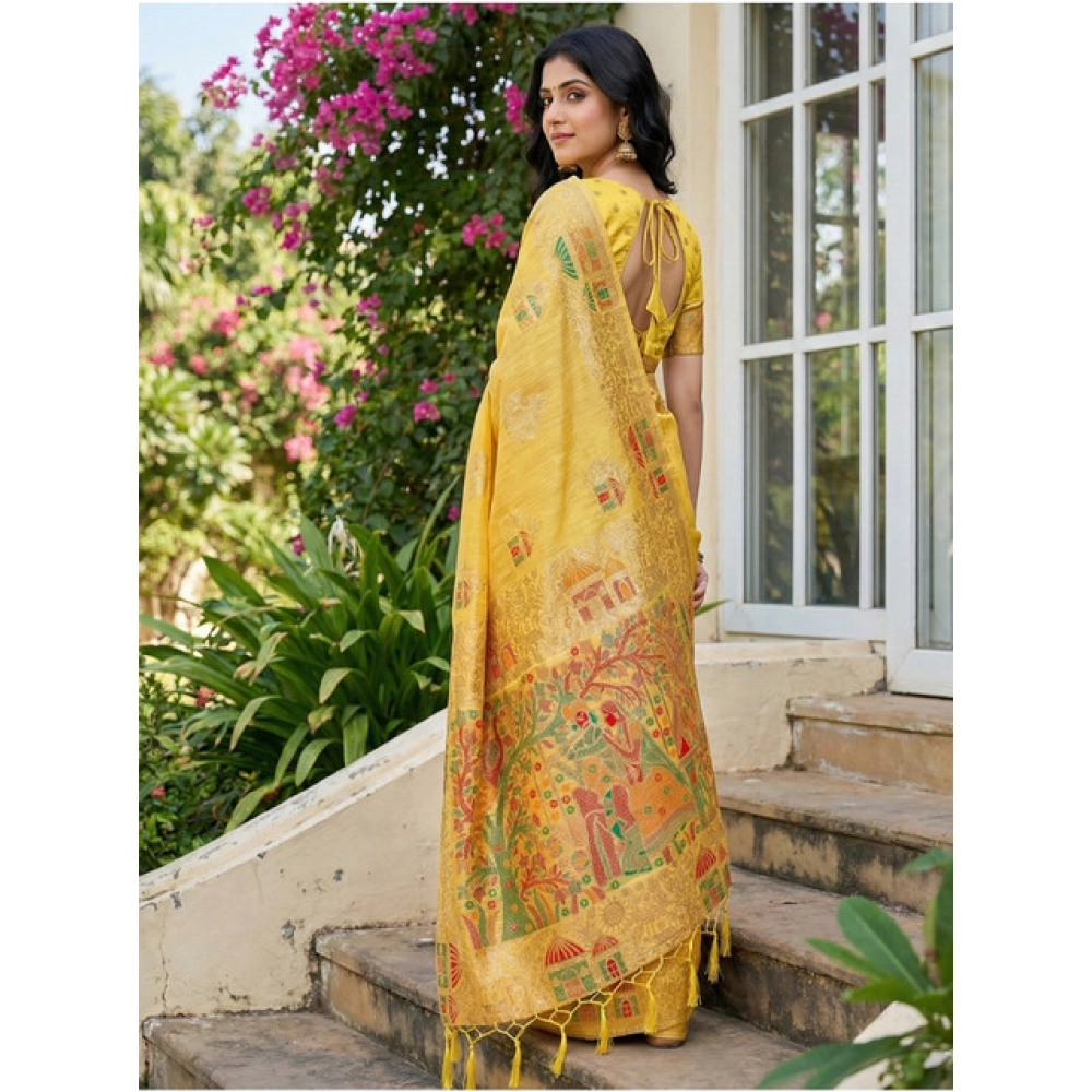 Women's Linen Cotton Printed Saree With Unstitched Blouse 5.5Mtr (Yellow) - Image 2