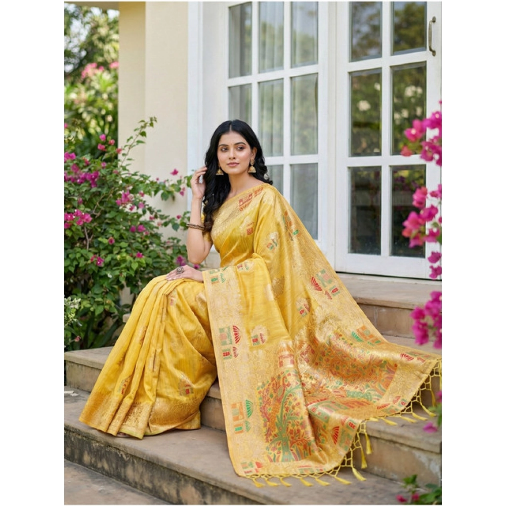 Women's Linen Cotton Printed Saree With Unstitched Blouse 5.5Mtr (Yellow) - Image 3