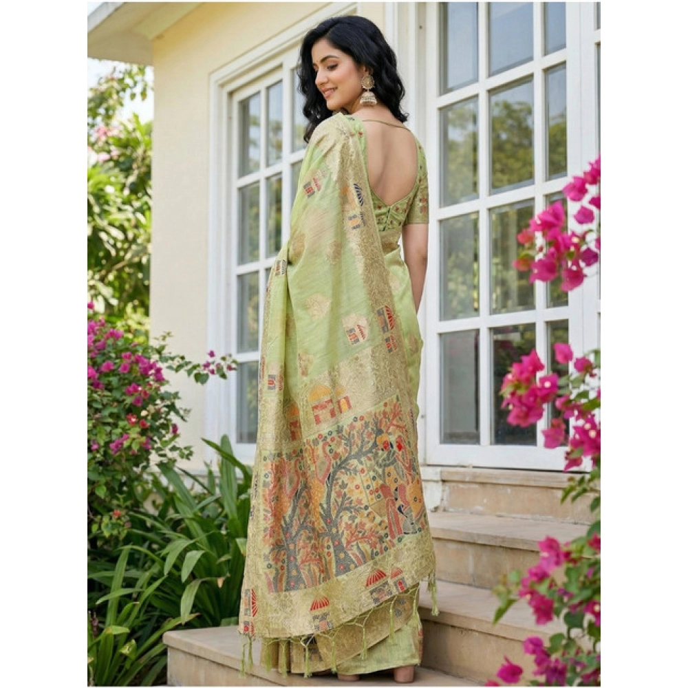Women's Linen Cotton Printed Saree With Unstitched Blouse 5.5Mtr (Light Green) - Image 2