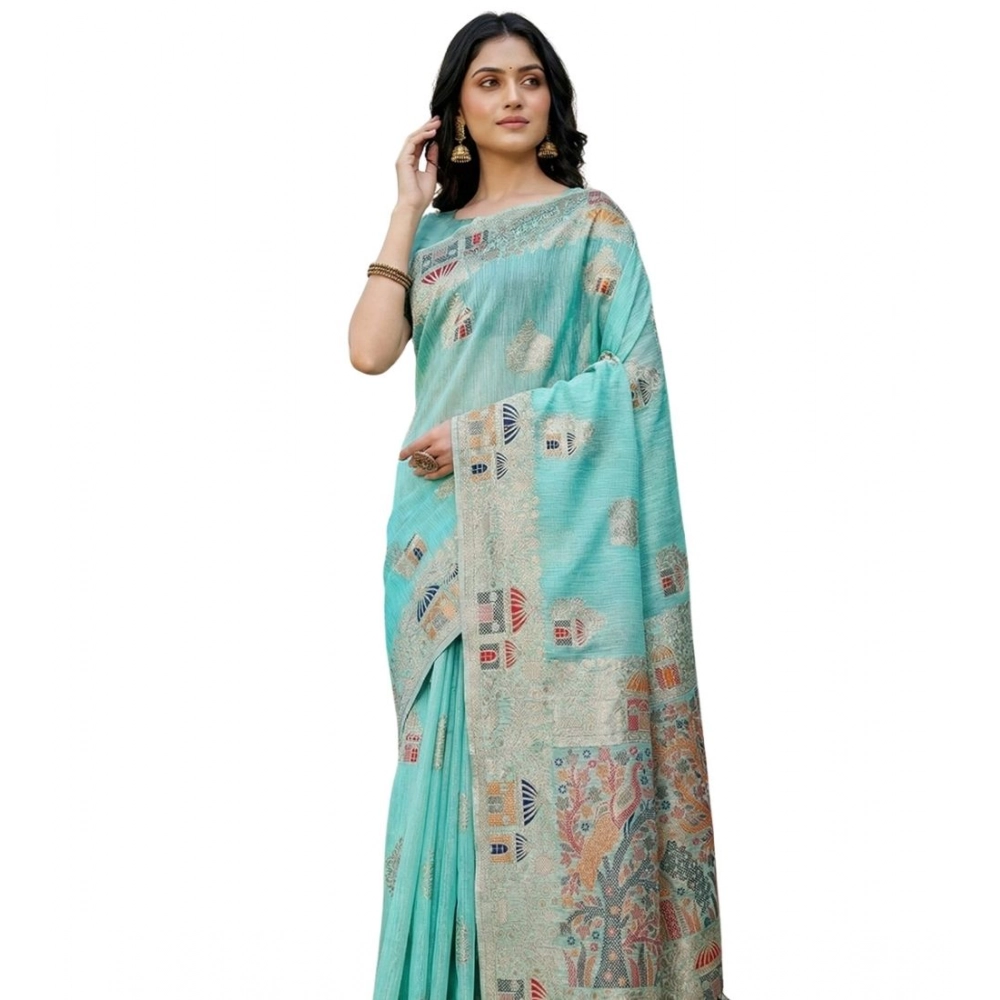 Women's Linen Cotton Printed Saree With Unstitched Blouse 5.5Mtr (Sky Blue)