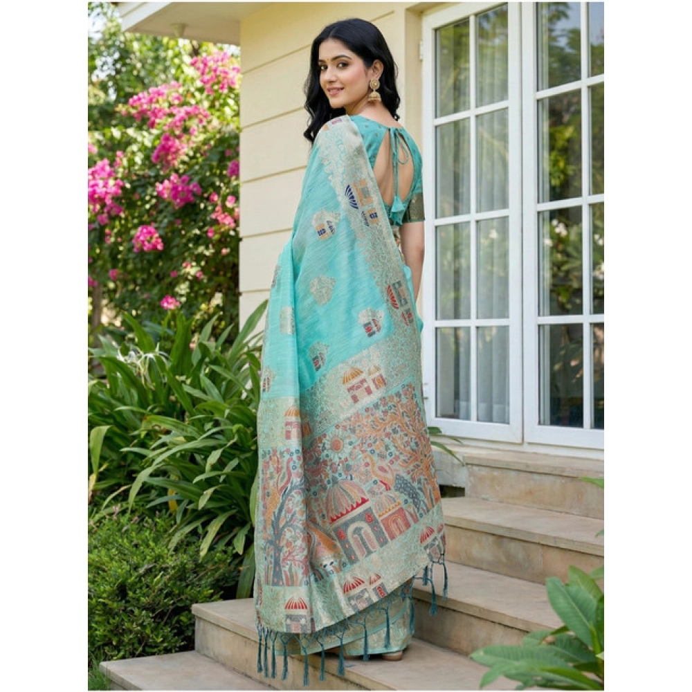 Women's Linen Cotton Printed Saree With Unstitched Blouse 5.5Mtr (Sky Blue) - Image 2