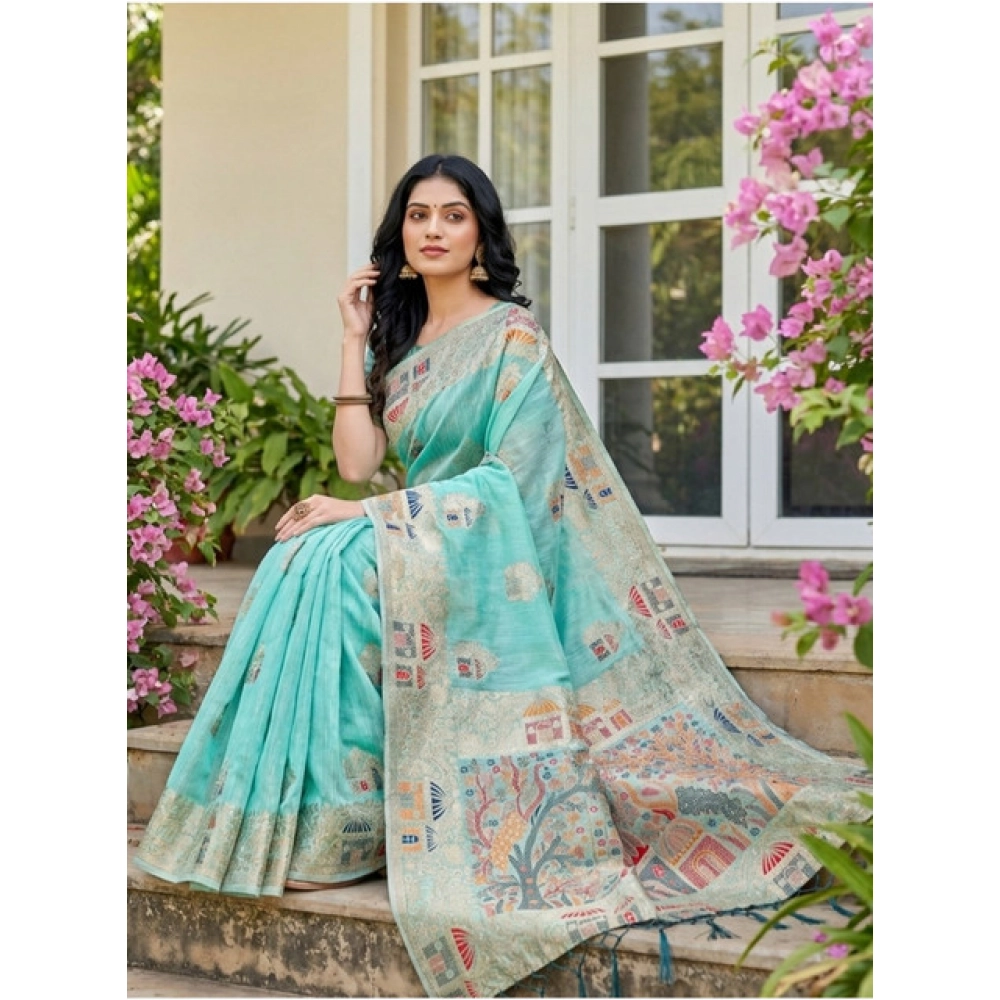 Women's Linen Cotton Printed Saree With Unstitched Blouse 5.5Mtr (Sky Blue) - Image 3