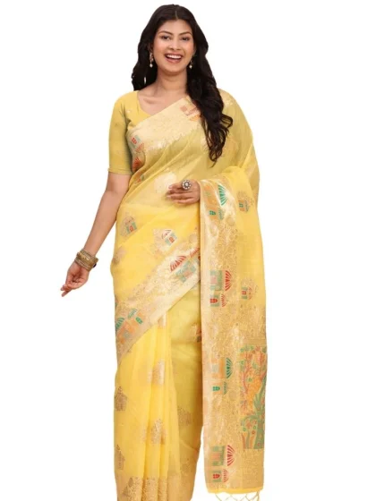 Women's Linen Cotton Printed Saree With Unstitched Blouse 5.5Mtr (Yellow)