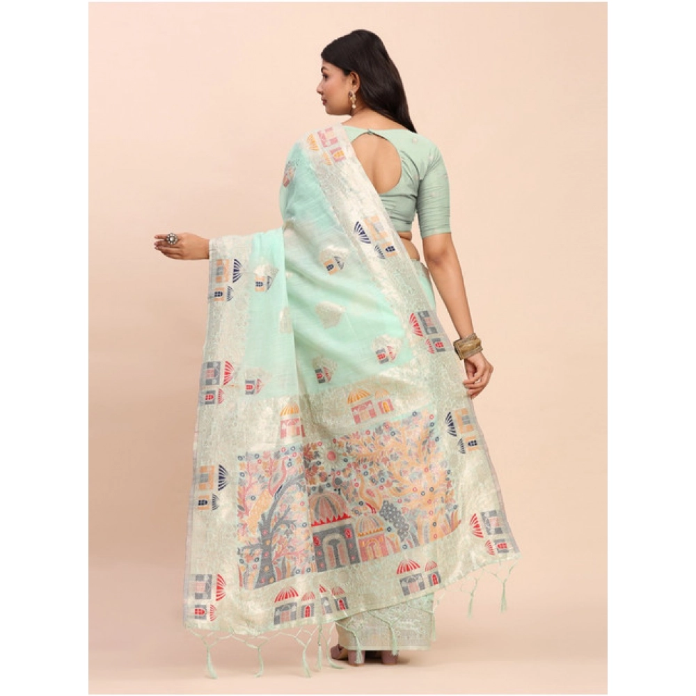 Women's Linen Cotton Printed Saree With Unstitched Blouse 5.5Mtr (Sea Green) - Image 2