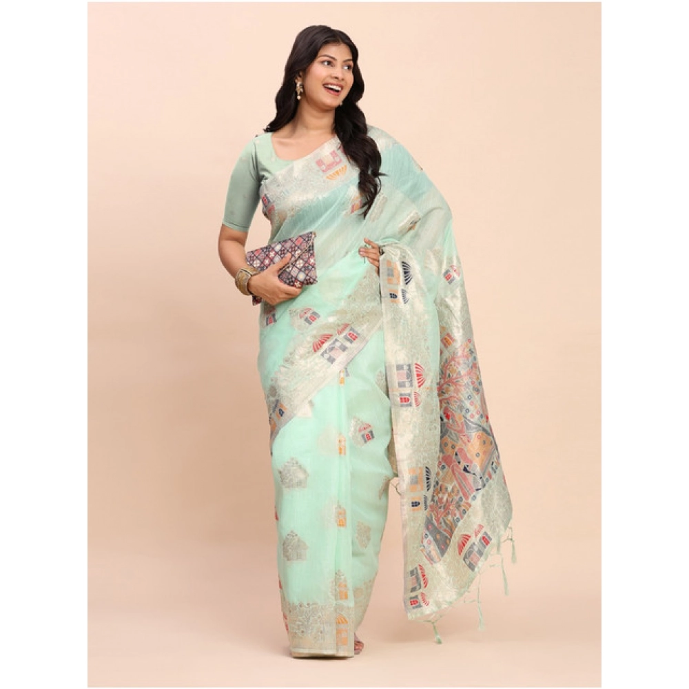 Women's Linen Cotton Printed Saree With Unstitched Blouse 5.5Mtr (Sea Green) - Image 3