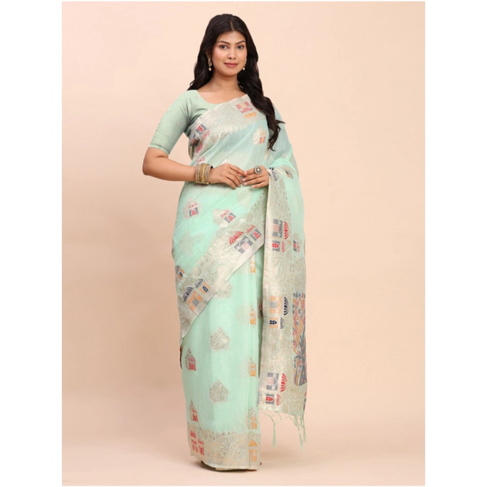 Women's Linen Cotton Printed Saree With Unstitched Blouse 5.5Mtr (Sea Green) - Image 4