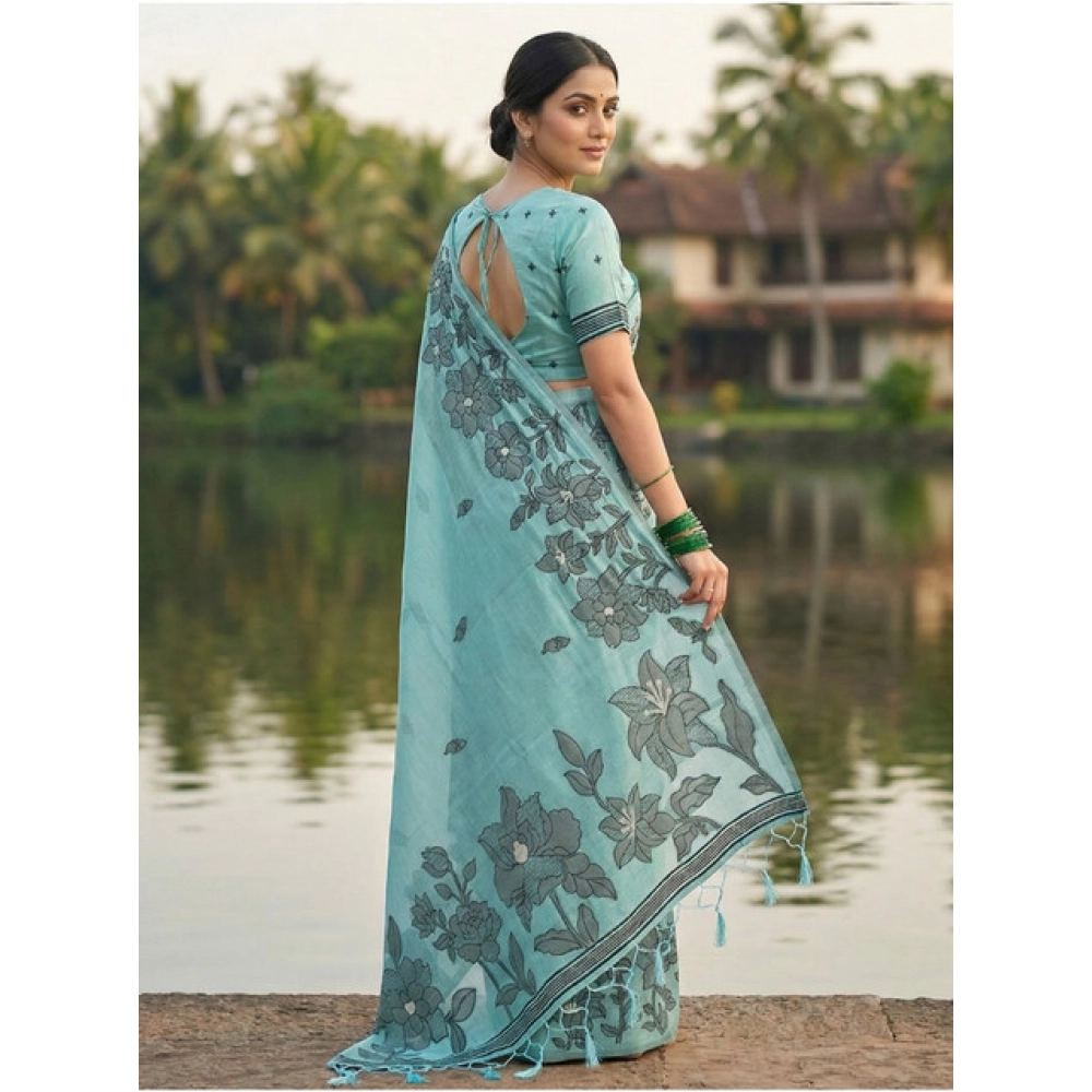 Women's Linen Cotton Printed Saree With Unstitched Blouse 5.5Mtr (Sea Green) - Image 2