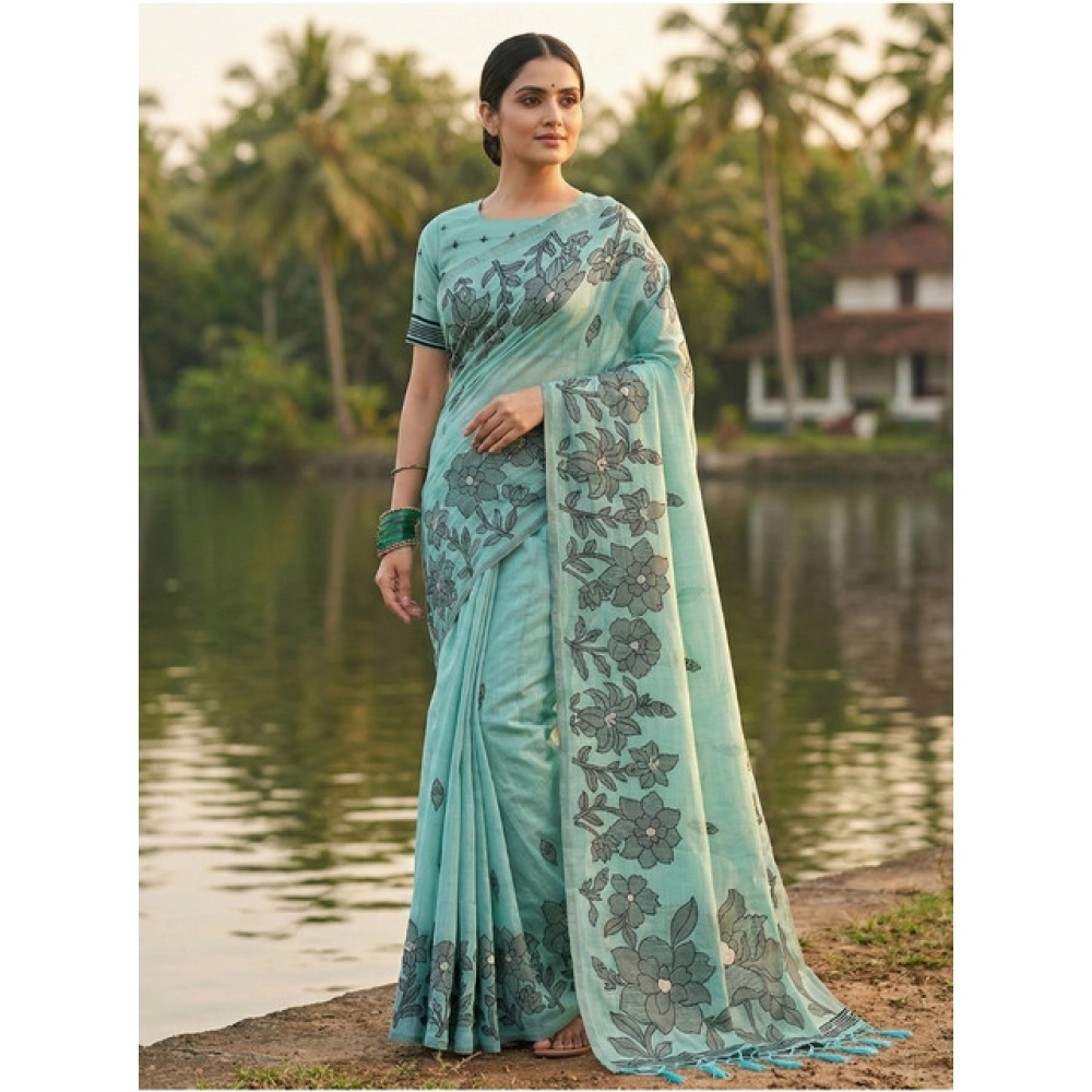 Women's Linen Cotton Printed Saree With Unstitched Blouse 5.5Mtr (Sea Green) - Image 3