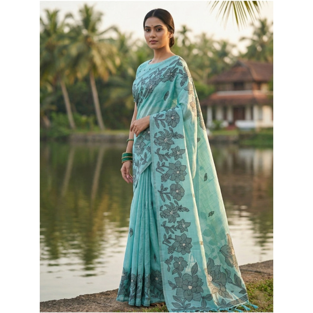 Women's Linen Cotton Printed Saree With Unstitched Blouse 5.5Mtr (Sea Green) - Image 4