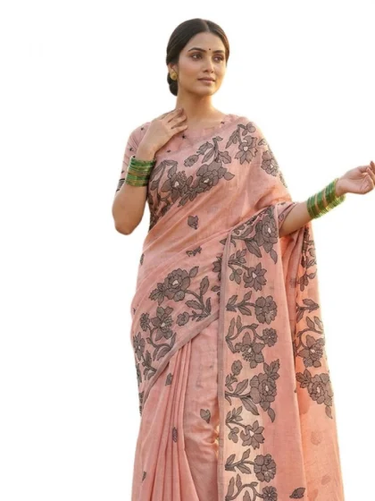 Women's Linen Cotton Printed Saree With Unstitched Blouse 5.5Mtr (Peach)