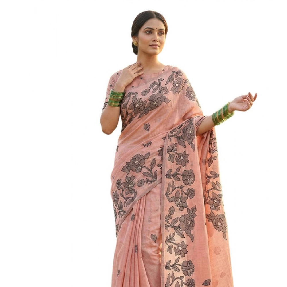 Women's Linen Cotton Printed Saree With Unstitched Blouse 5.5Mtr (Peach)