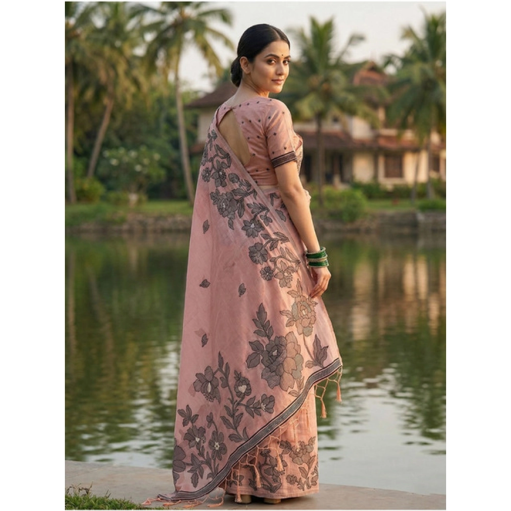 Women's Linen Cotton Printed Saree With Unstitched Blouse 5.5Mtr (Peach) - Image 2