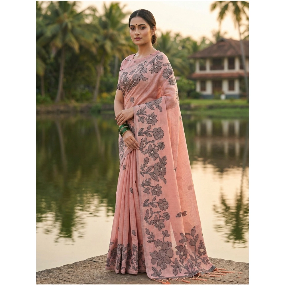Women's Linen Cotton Printed Saree With Unstitched Blouse 5.5Mtr (Peach) - Image 3