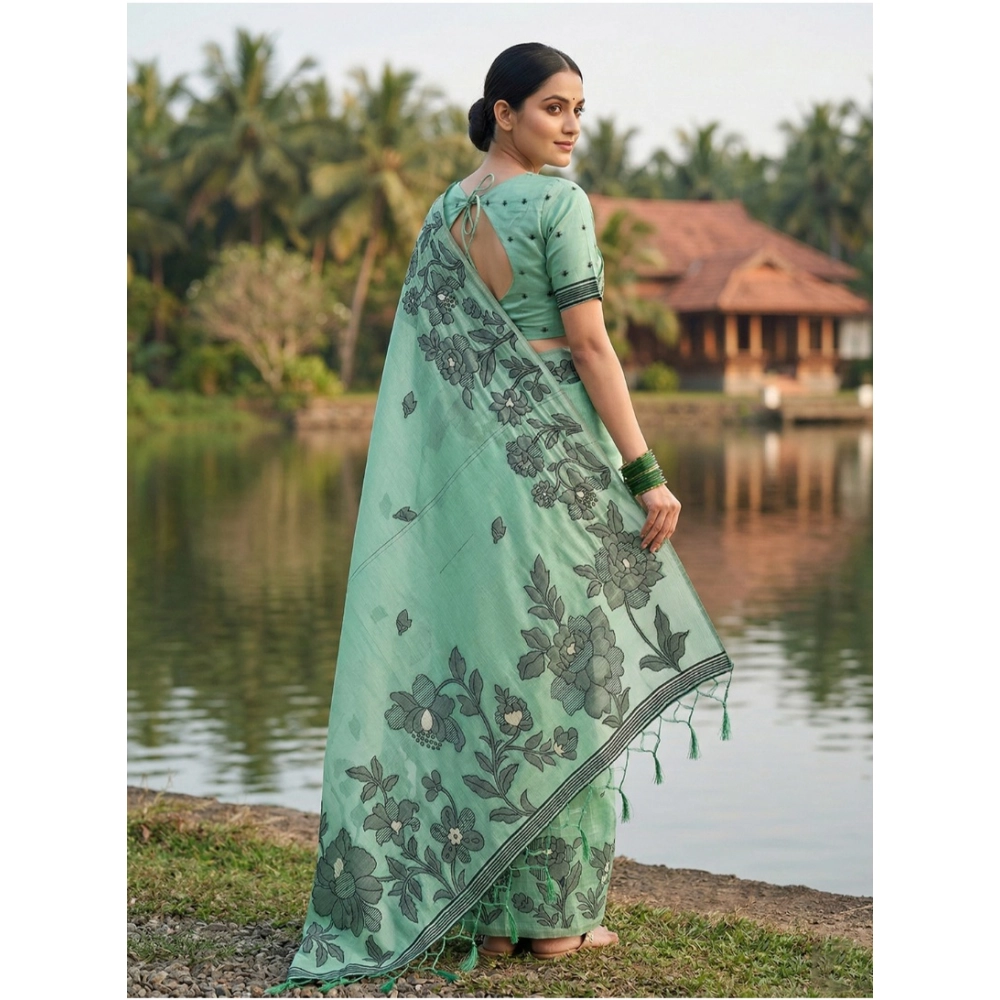 Women's Linen Cotton Printed Saree With Unstitched Blouse 5.5Mtr (Rama Green) - Image 2