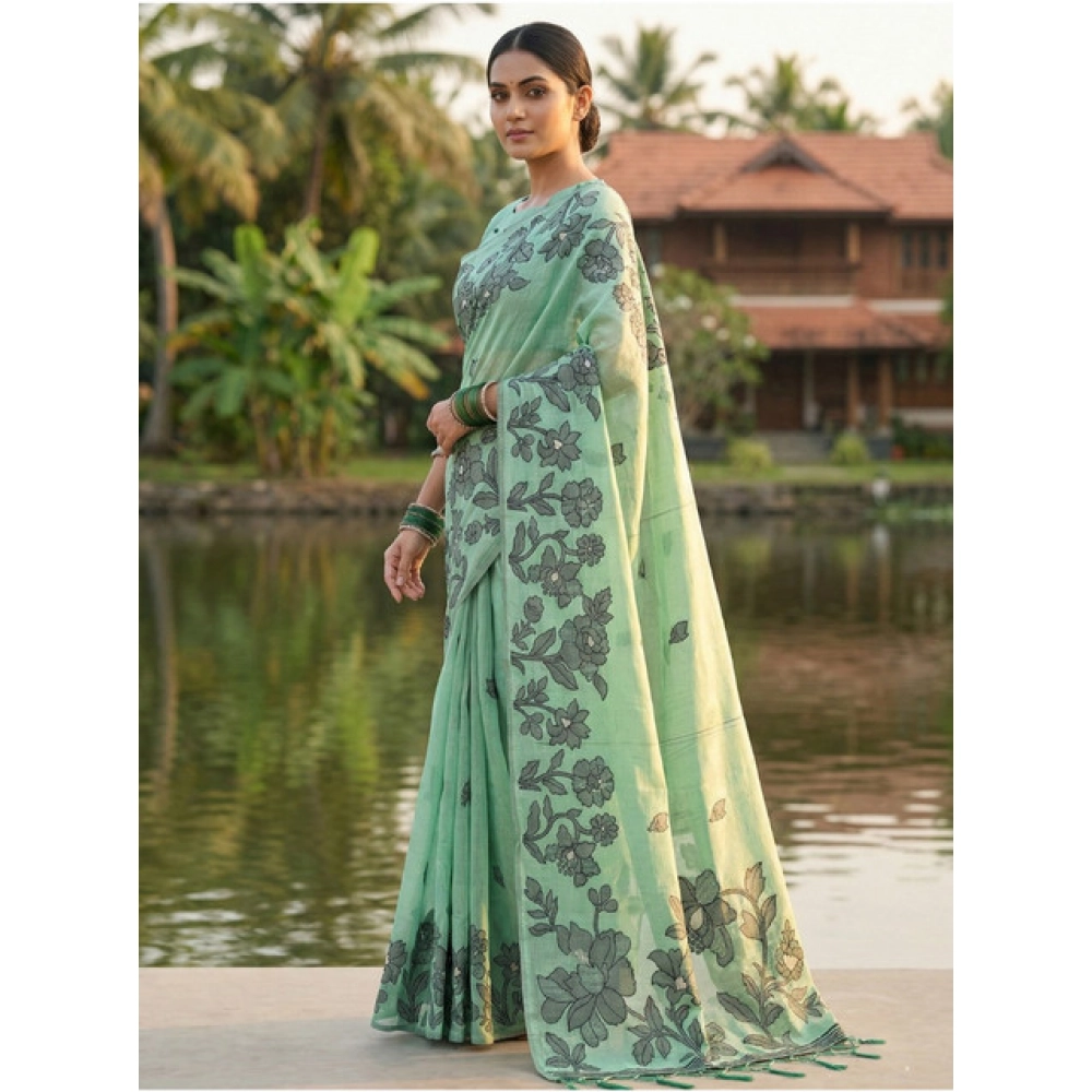 Women's Linen Cotton Printed Saree With Unstitched Blouse 5.5Mtr (Rama Green) - Image 3