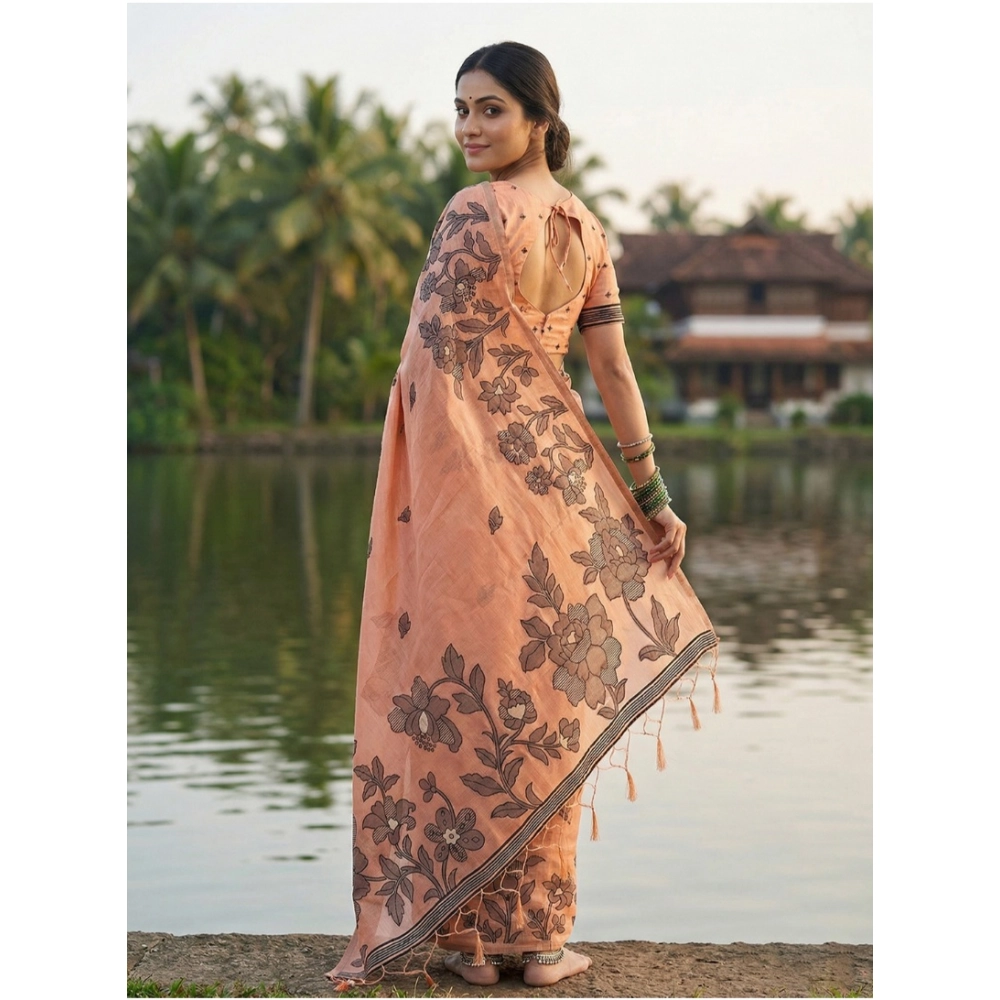 Women's Linen Cotton Printed Saree With Unstitched Blouse 5.5Mtr (Orange) - Image 2