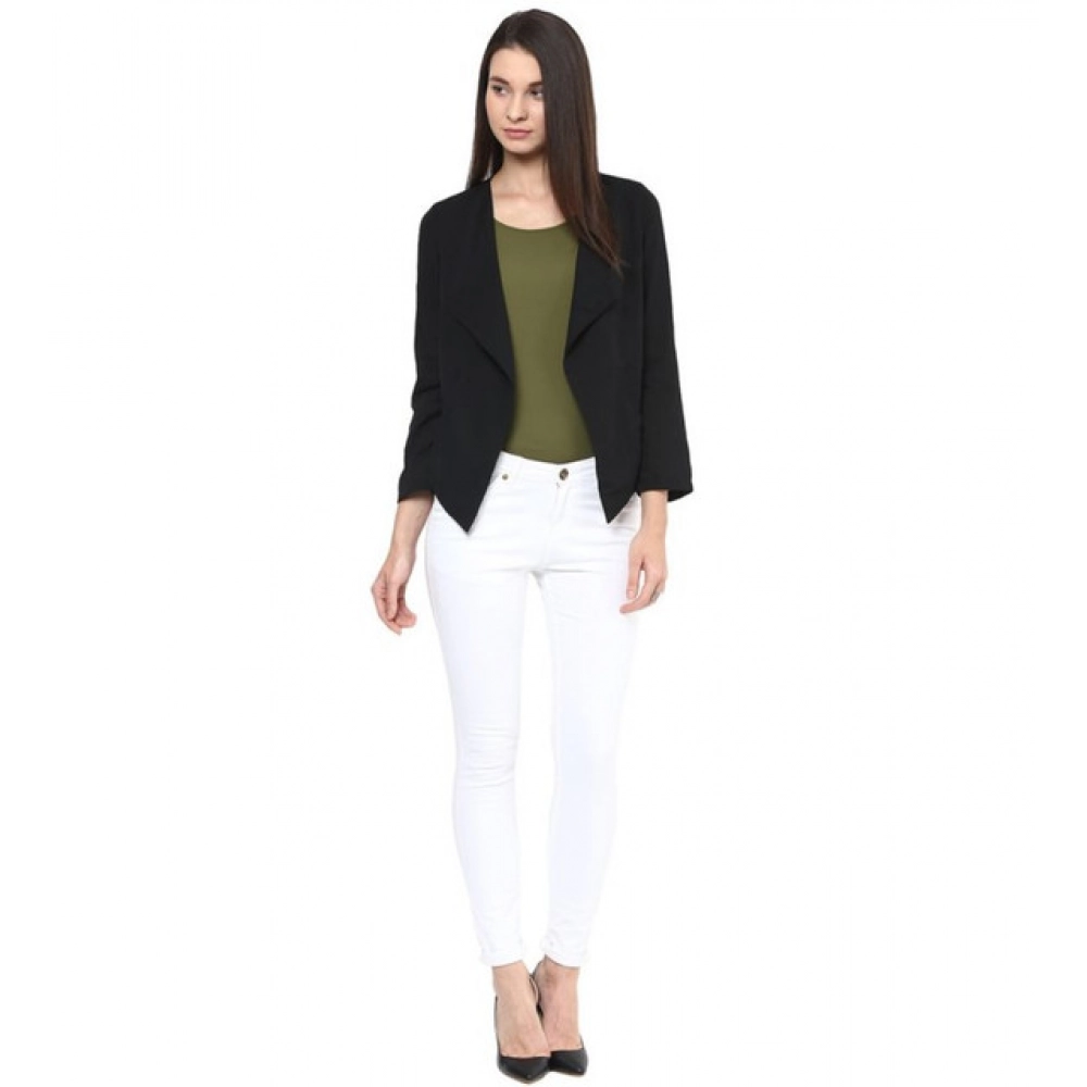 Women's Polyester Solid Long Sleeves Blazer (Black) - Image 3