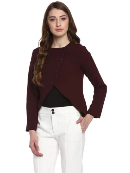 Women's Polyester Diagonal Cut Long Sleeves Blazer (Maroon)