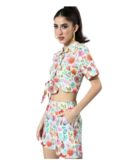 Women's Polyester Floral Short Sleeve Co-Ord Set (Multicolor)
