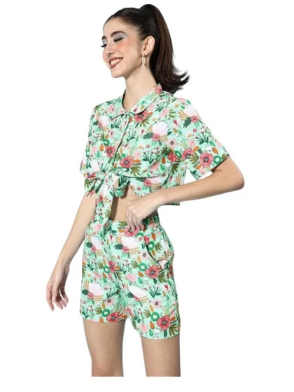 Women's Polyester Floral Short Sleeve Co-Ord Set (Multicolor)