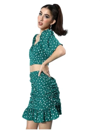 Women's Polyester Floral Short Sleeve Co-Ord Set (Green)