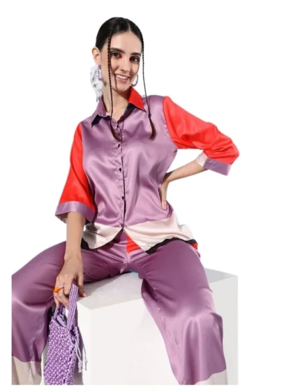Women's Satin Colour Block Long Sleeves Co-Ord Set (Multicolor)