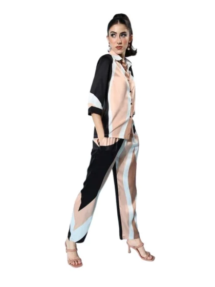 Women's Satin Colour Block Long Sleeves Co-Ord Set (Beige - Black)