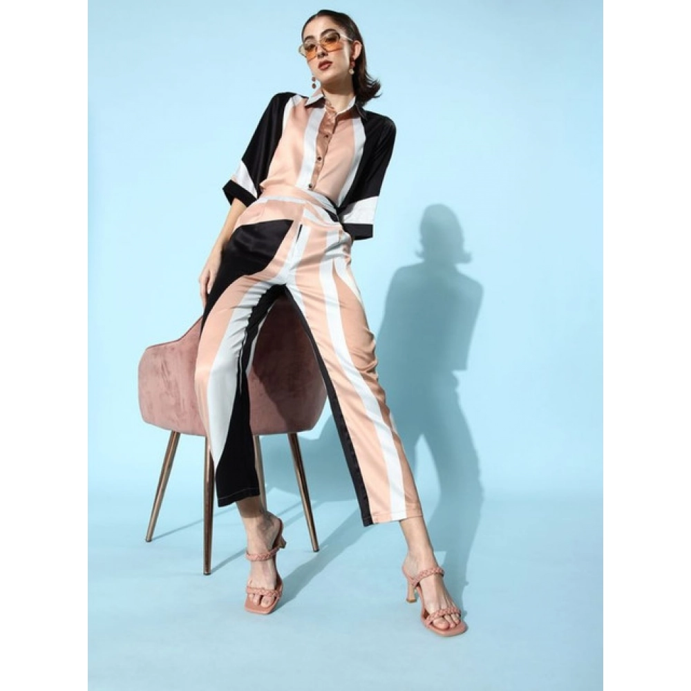 Women's Satin Colour Block Long Sleeves Co-Ord Set (Beige - Black) - Image 3