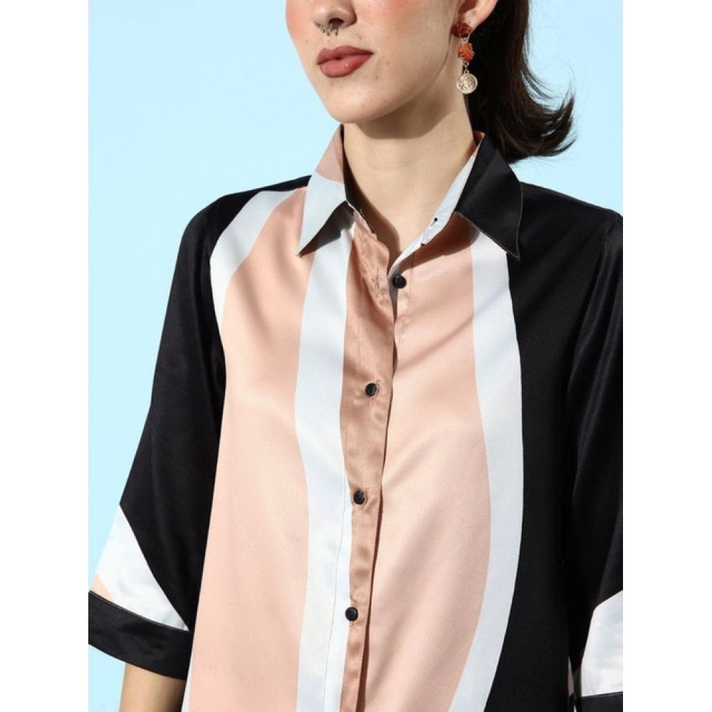 Women's Satin Colour Block Long Sleeves Co-Ord Set (Beige - Black) - Image 4