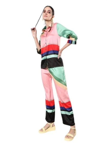 Women's Satin Colour Block Long Sleeves Co-Ord Set (Multicolor)