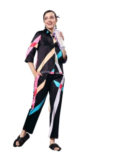 Women's Satin Colour Block Long Sleeves Co-Ord Set (Multicolor)