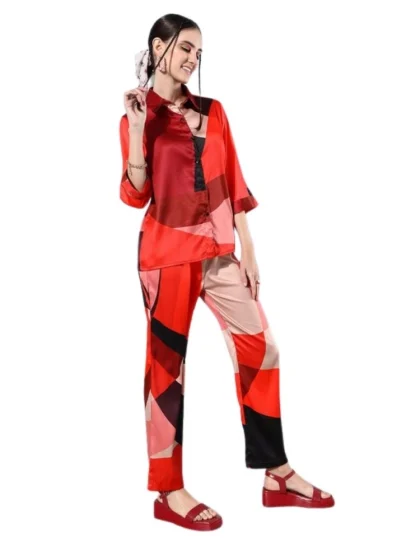 Women's Satin Colour Block Long Sleeves Co-Ord Set (Multicolor)