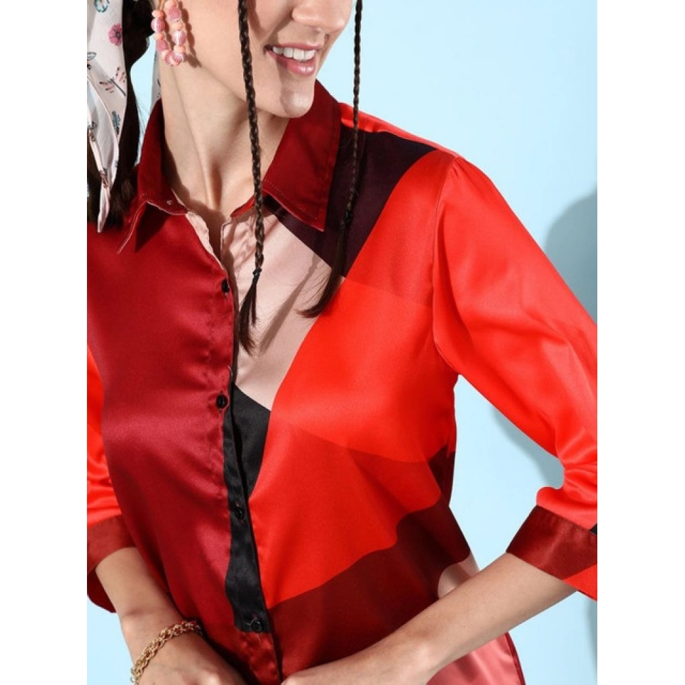 Women's Satin Colour Block Long Sleeves Co-Ord Set (Multicolor) - Image 4