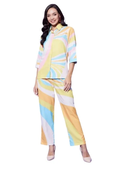 Women's Polyester Colour Blocking 3-4th Sleeve Co-Ord Set (Multicolor)