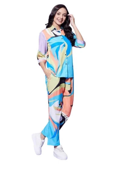 Women's Polyester Colour Blocking 3-4th Sleeve Co-Ord Set (Multicolor)