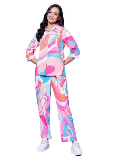 Women's Polyester Printed 3-4th Sleeve Co-Ord Set (Multicolor)