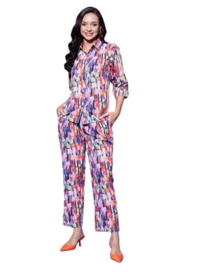 Women's Polyester Floral 3-4th Sleeve Co-Ord Set (Multicolor)