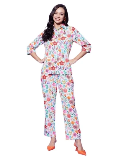 Women's Polyester Floral 3-4th Sleeve Co-Ord Set (Multicolor)