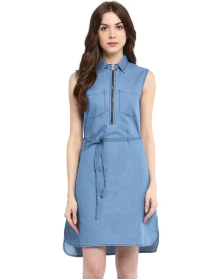 Women's Denim Solid Sleeveless Dress (Blue)