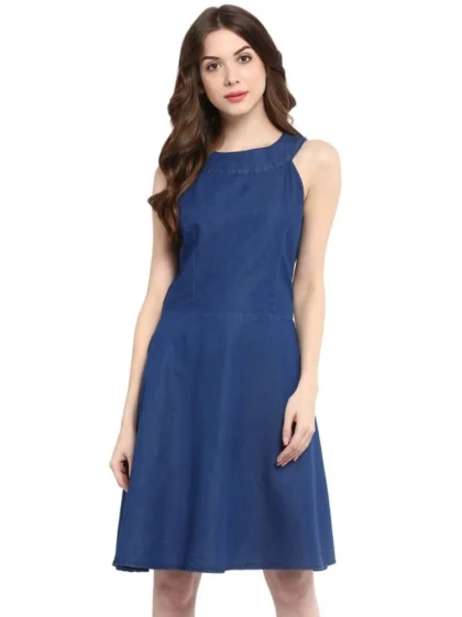 Women's Denim Solid Sleeveless Dress (Blue)