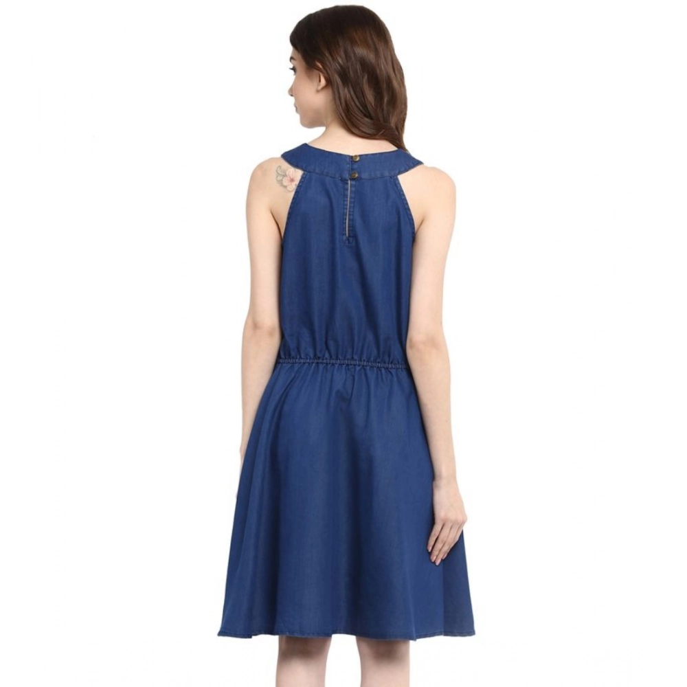 Women's Denim Solid Sleeveless Dress (Blue) - Image 2