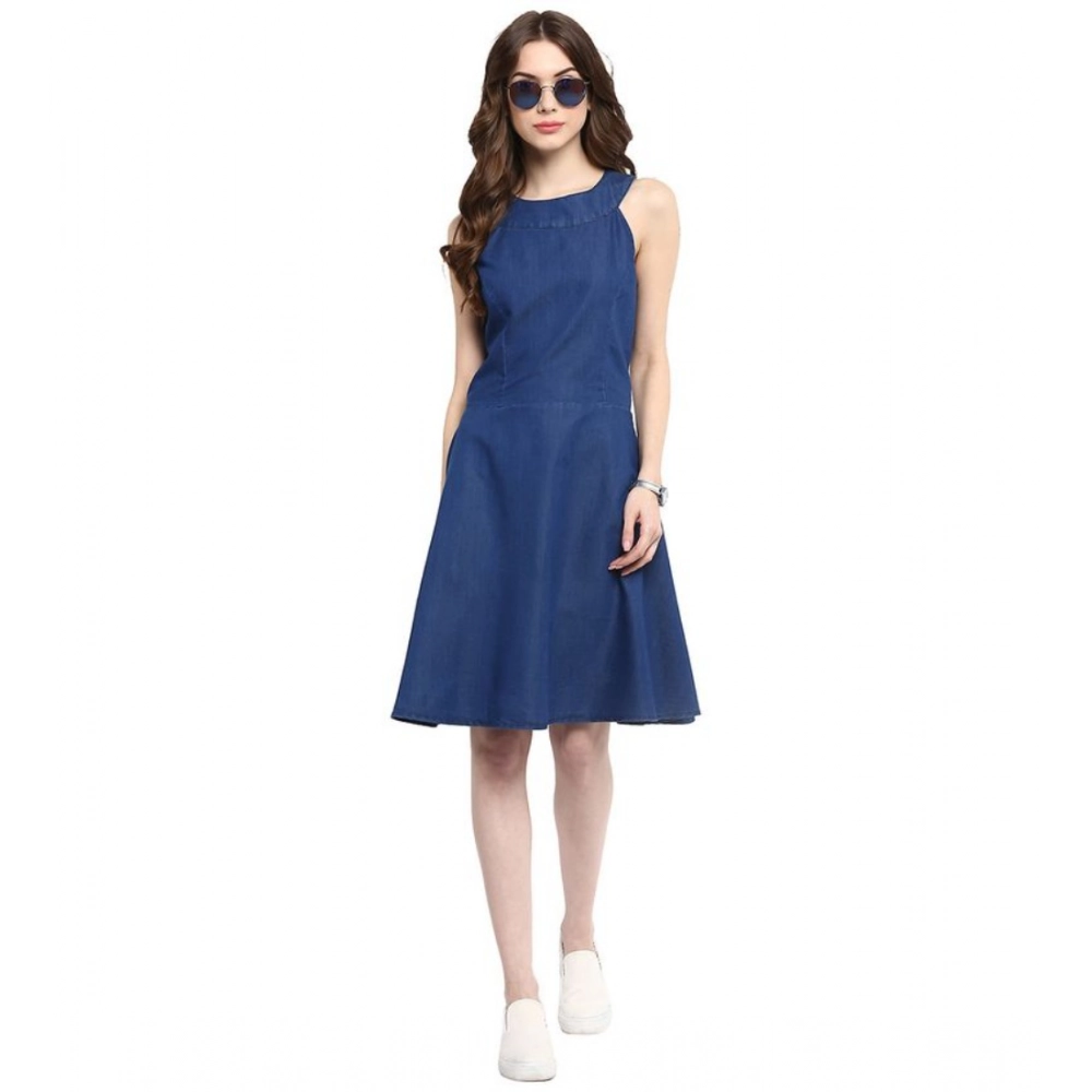 Women's Denim Solid Sleeveless Dress (Blue) - Image 3