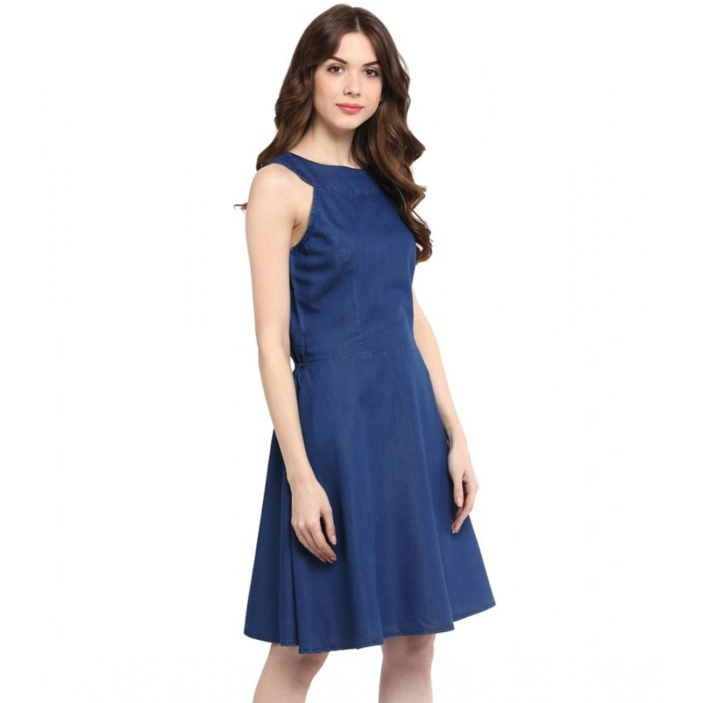 Women's Denim Solid Sleeveless Dress (Blue) - Image 4