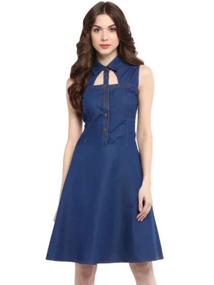 Women's Denim Solid Sleeveless Dress (Navy Blue)